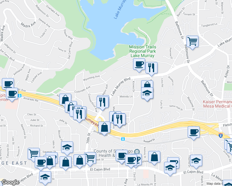 map of restaurants, bars, coffee shops, grocery stores, and more near 5385 Lake Murray Boulevard in La Mesa