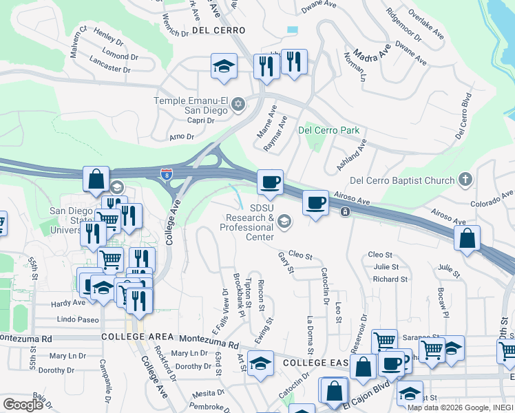 map of restaurants, bars, coffee shops, grocery stores, and more near Alvarado Court in San Diego
