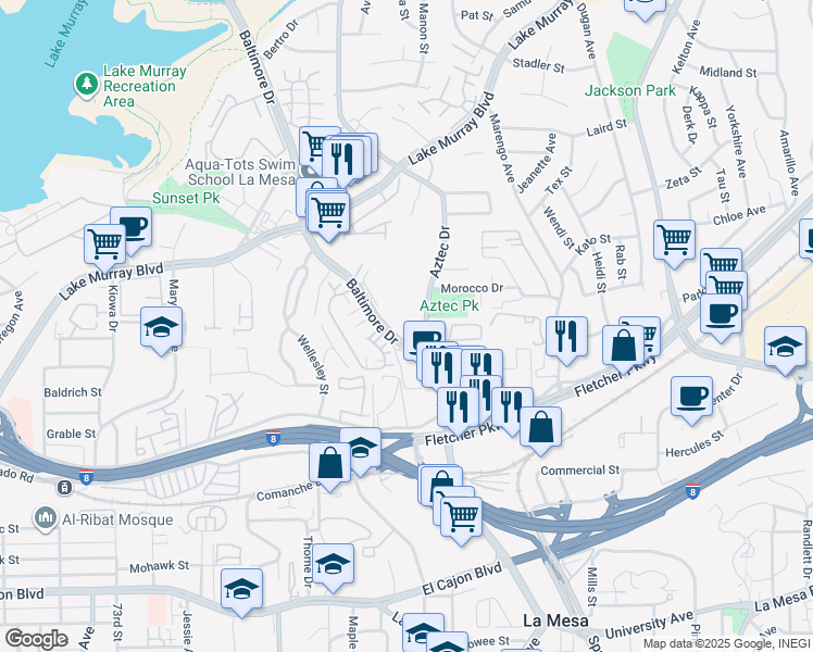 map of restaurants, bars, coffee shops, grocery stores, and more near 5410 Aztec Drive in La Mesa