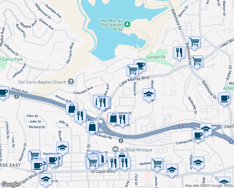 map of restaurants, bars, coffee shops, grocery stores, and more near 5385 Lake Murray Boulevard in La Mesa