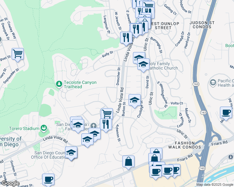 map of restaurants, bars, coffee shops, grocery stores, and more near 6747 Goodwin Street in San Diego