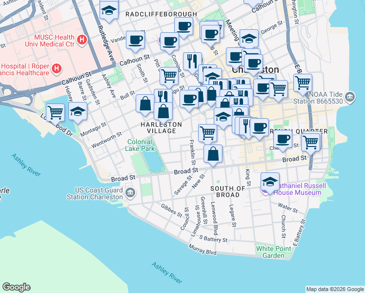 map of restaurants, bars, coffee shops, grocery stores, and more near 29 C Franklin Street in Charleston