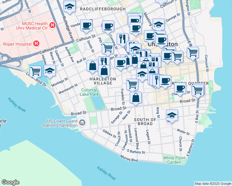 map of restaurants, bars, coffee shops, grocery stores, and more near 29 C Franklin Street in Charleston