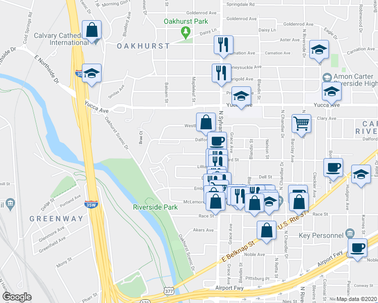 map of restaurants, bars, coffee shops, grocery stores, and more near 2400 Dalford Street in Fort Worth