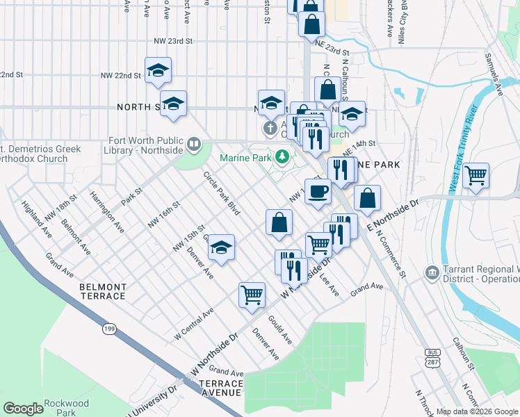 map of restaurants, bars, coffee shops, grocery stores, and more near 1508 Lee Avenue in Fort Worth