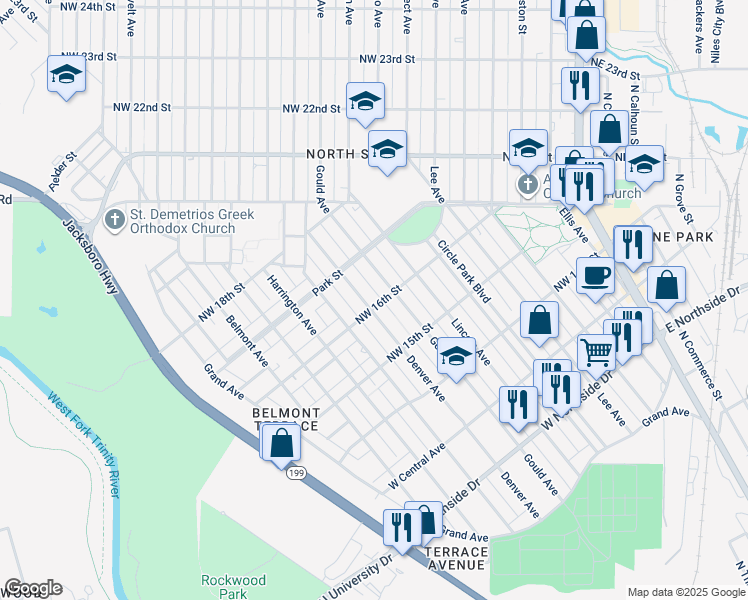 map of restaurants, bars, coffee shops, grocery stores, and more near in Fort Worth