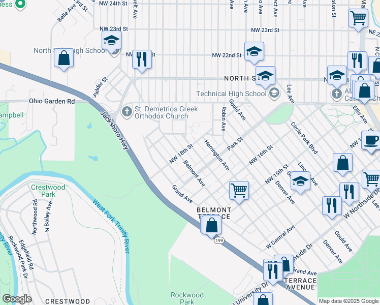 map of restaurants, bars, coffee shops, grocery stores, and more near 1820 Homan Avenue in Fort Worth