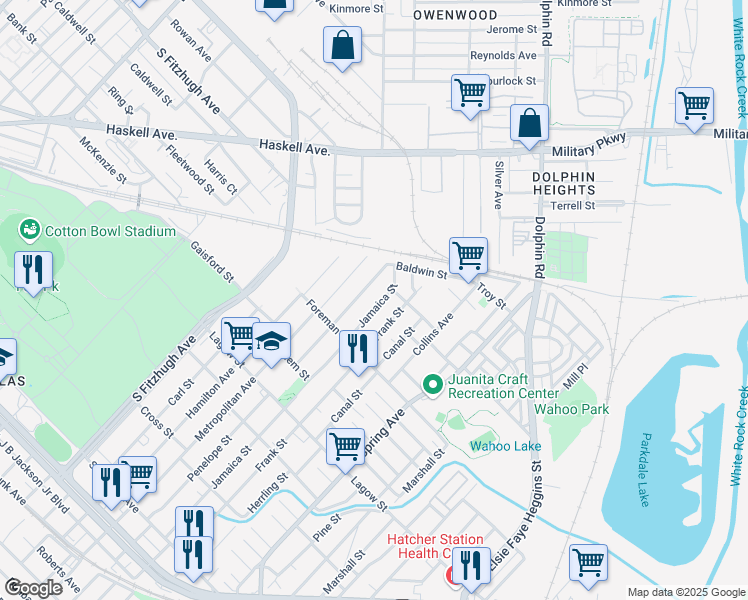map of restaurants, bars, coffee shops, grocery stores, and more near 4527 Jamaica Street in Dallas