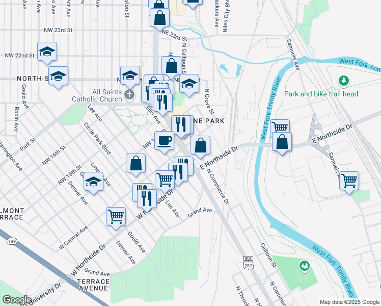 map of restaurants, bars, coffee shops, grocery stores, and more near in Fort Worth