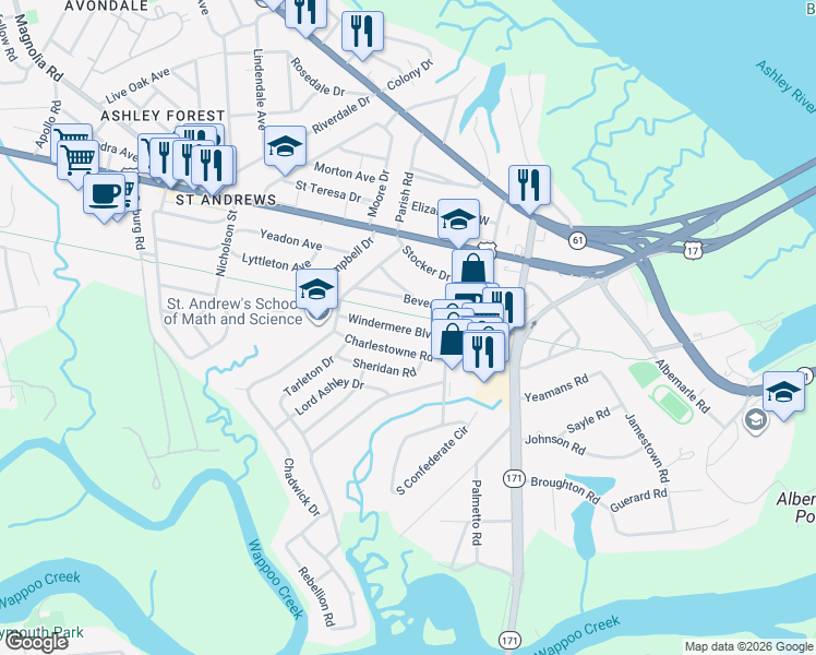 map of restaurants, bars, coffee shops, grocery stores, and more near 623 Windermere Boulevard in Charleston