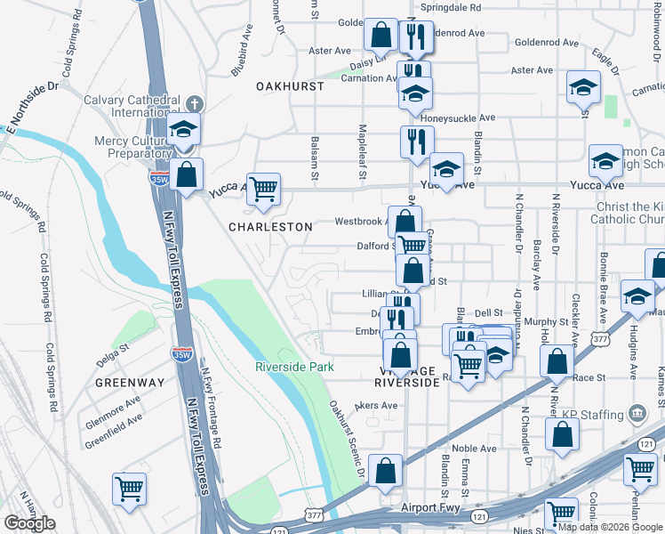 map of restaurants, bars, coffee shops, grocery stores, and more near 2264 Scenic Bluff Drive in Fort Worth