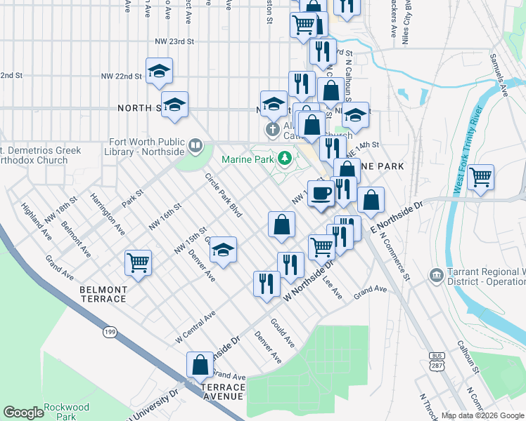 map of restaurants, bars, coffee shops, grocery stores, and more near 1508 Lee Avenue in Fort Worth