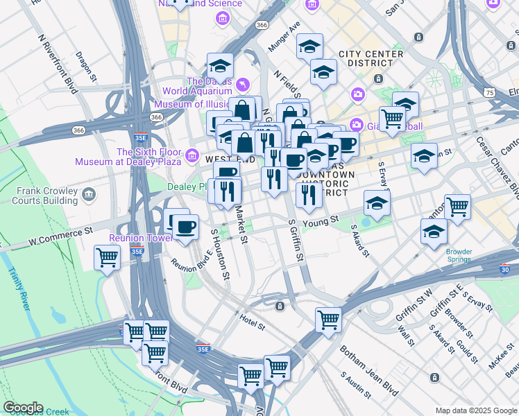 map of restaurants, bars, coffee shops, grocery stores, and more near in Dallas