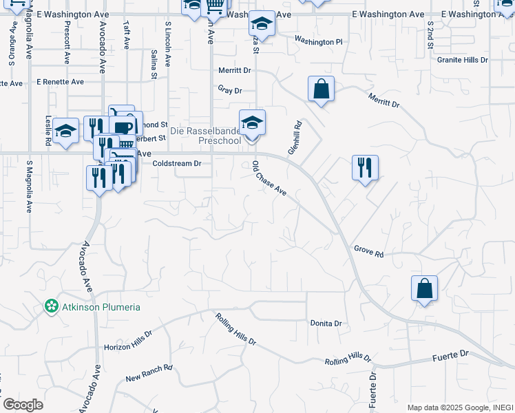 map of restaurants, bars, coffee shops, grocery stores, and more near 1135 Old Chase Avenue in El Cajon