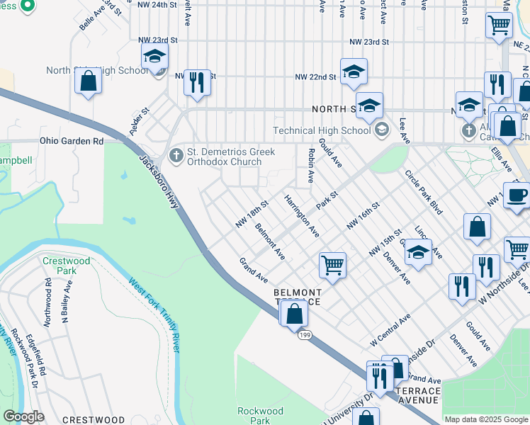 map of restaurants, bars, coffee shops, grocery stores, and more near 1820 Homan Avenue in Fort Worth