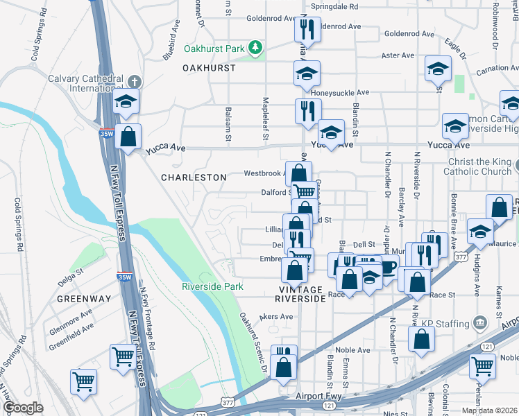 map of restaurants, bars, coffee shops, grocery stores, and more near 2333 Bird Street in Fort Worth