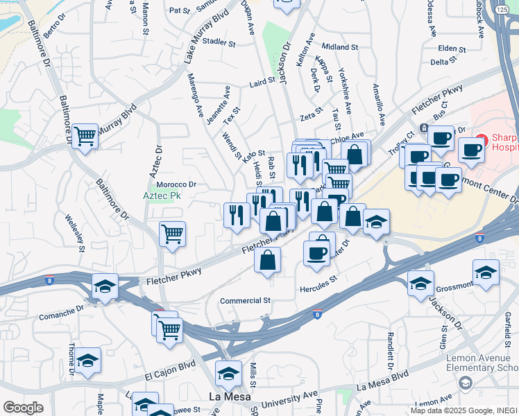 map of restaurants, bars, coffee shops, grocery stores, and more near 8180 Vincetta Drive in La Mesa