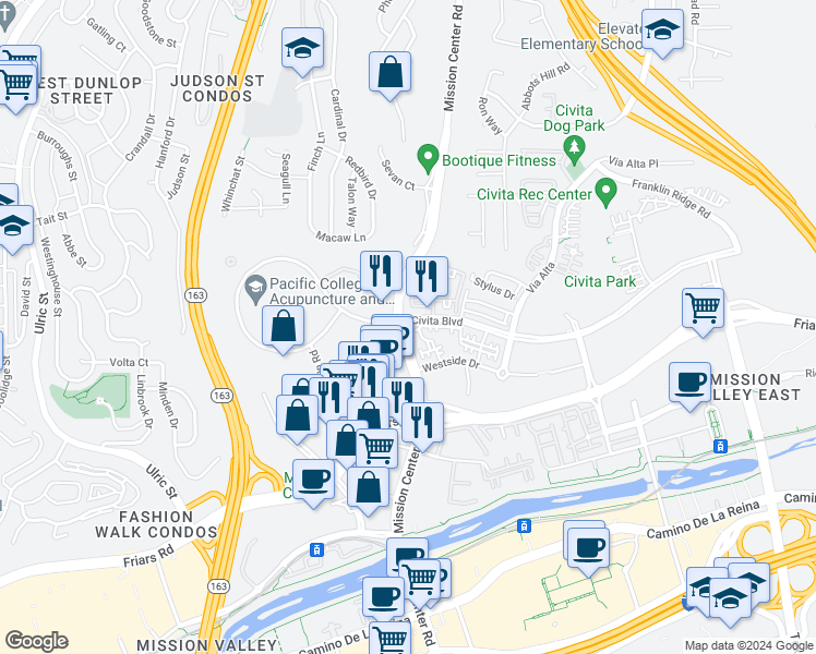 map of restaurants, bars, coffee shops, grocery stores, and more near 5745 Mission Center Road in San Diego