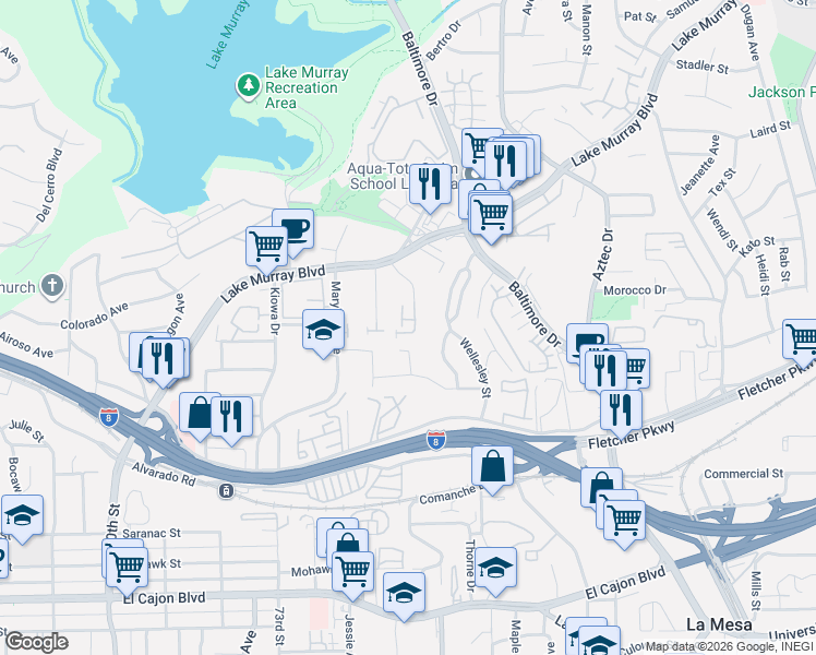 map of restaurants, bars, coffee shops, grocery stores, and more near 5526 Shasta Lane in La Mesa