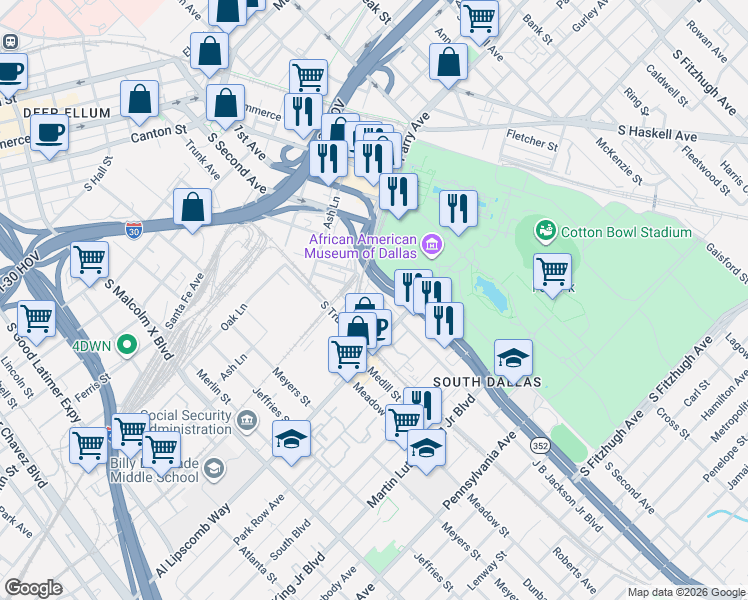 map of restaurants, bars, coffee shops, grocery stores, and more near 3231 Elihu Street in Dallas