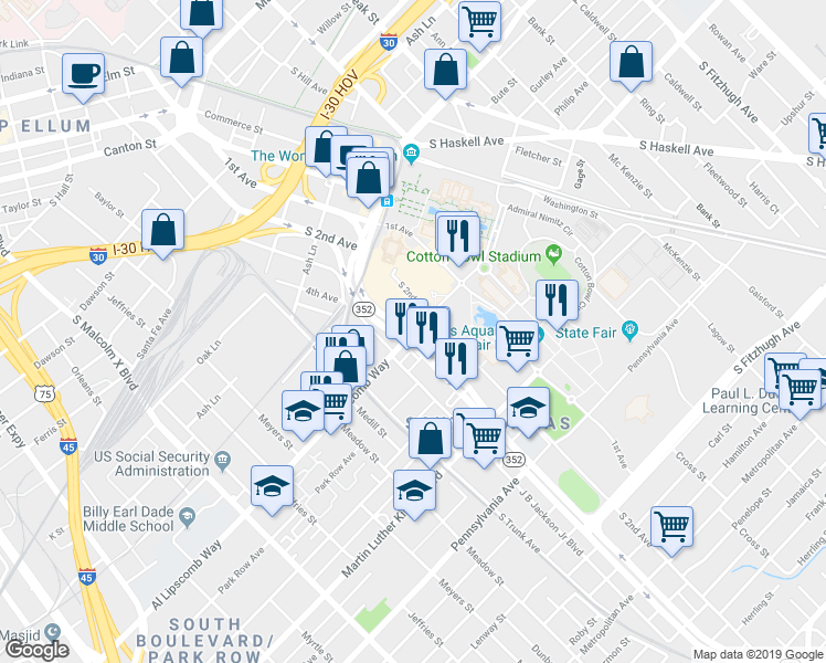 map of restaurants, bars, coffee shops, grocery stores, and more near 1911 Grand Avenue in Dallas