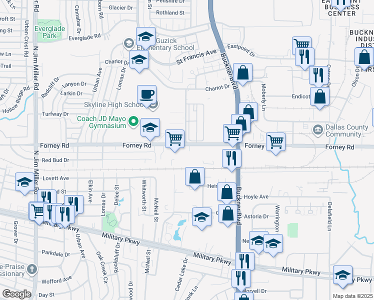 map of restaurants, bars, coffee shops, grocery stores, and more near 7800 Forney Road in Dallas