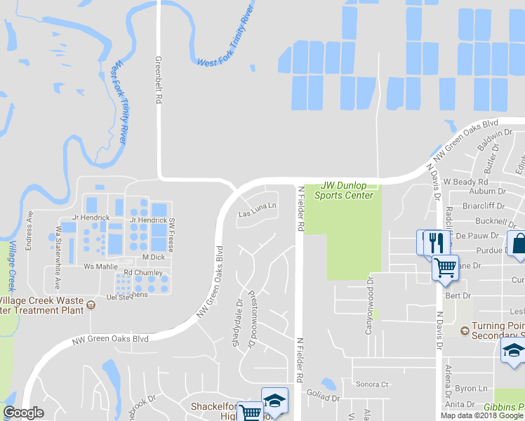 map of restaurants, bars, coffee shops, grocery stores, and more near 1808 Las Luna Lane in Arlington