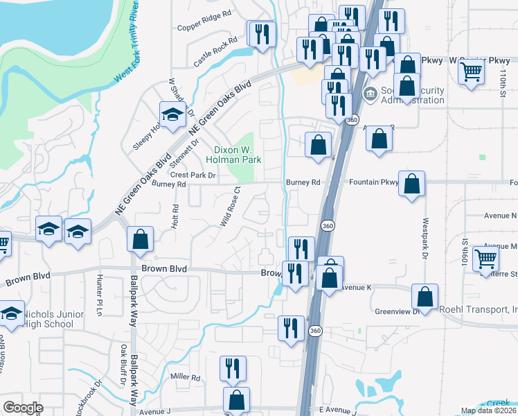 map of restaurants, bars, coffee shops, grocery stores, and more near 2413 Burney Road in Arlington