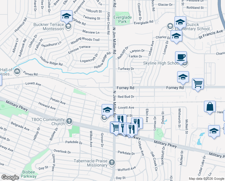 map of restaurants, bars, coffee shops, grocery stores, and more near 6918 Forney Road in Dallas