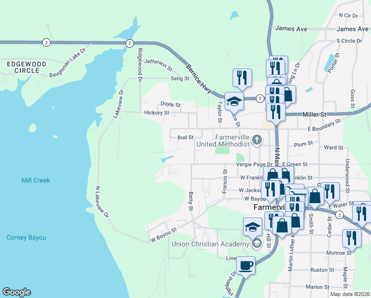 map of restaurants, bars, coffee shops, grocery stores, and more near 100 Oak Street in Farmerville