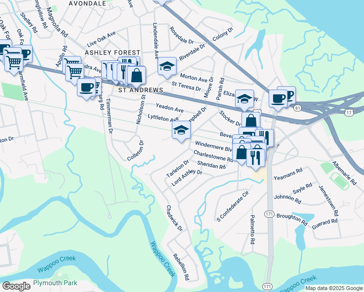 map of restaurants, bars, coffee shops, grocery stores, and more near 30 Chadwick Drive in Charleston