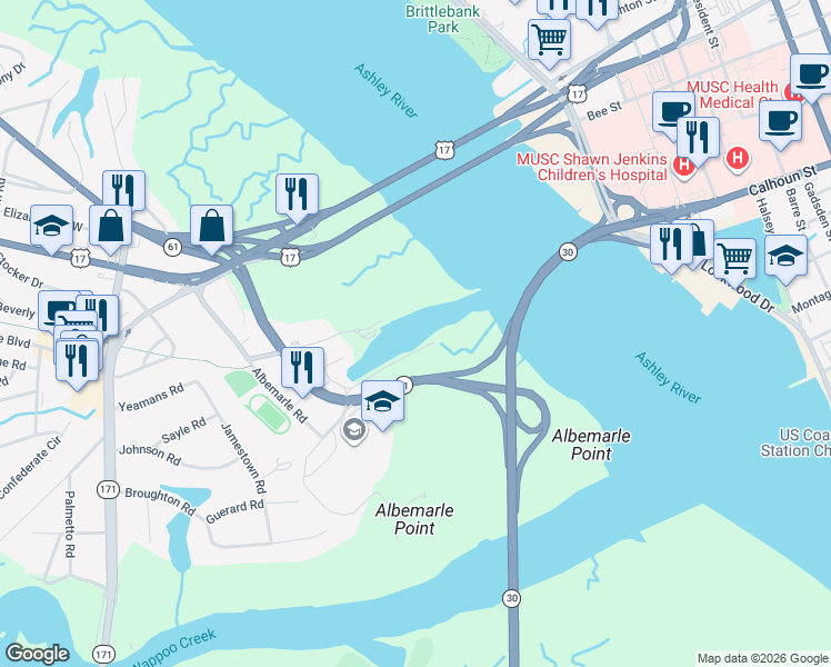 map of restaurants, bars, coffee shops, grocery stores, and more near 116 Ripley Point Drive in Charleston