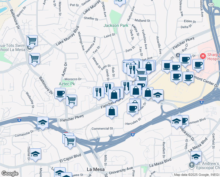 map of restaurants, bars, coffee shops, grocery stores, and more near 5439 Heidi Street in La Mesa