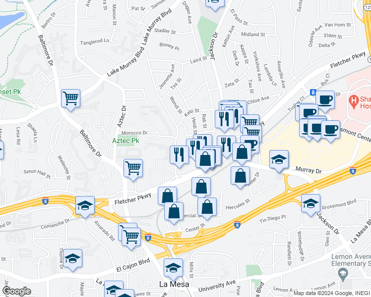 map of restaurants, bars, coffee shops, grocery stores, and more near 22 Vincetta Court in La Mesa