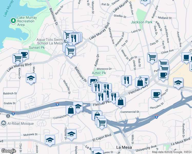map of restaurants, bars, coffee shops, grocery stores, and more near 5410 Aztec Drive in La Mesa