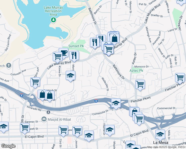 map of restaurants, bars, coffee shops, grocery stores, and more near 5525 Shasta Lane in La Mesa