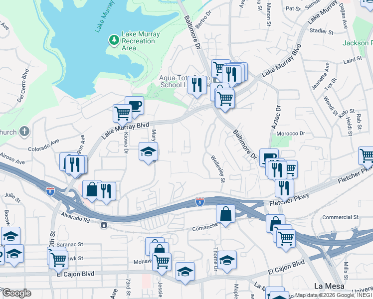 map of restaurants, bars, coffee shops, grocery stores, and more near 5543 Lesa Road in La Mesa