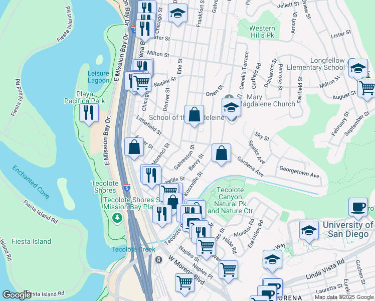 map of restaurants, bars, coffee shops, grocery stores, and more near 1760 Galveston Street in San Diego