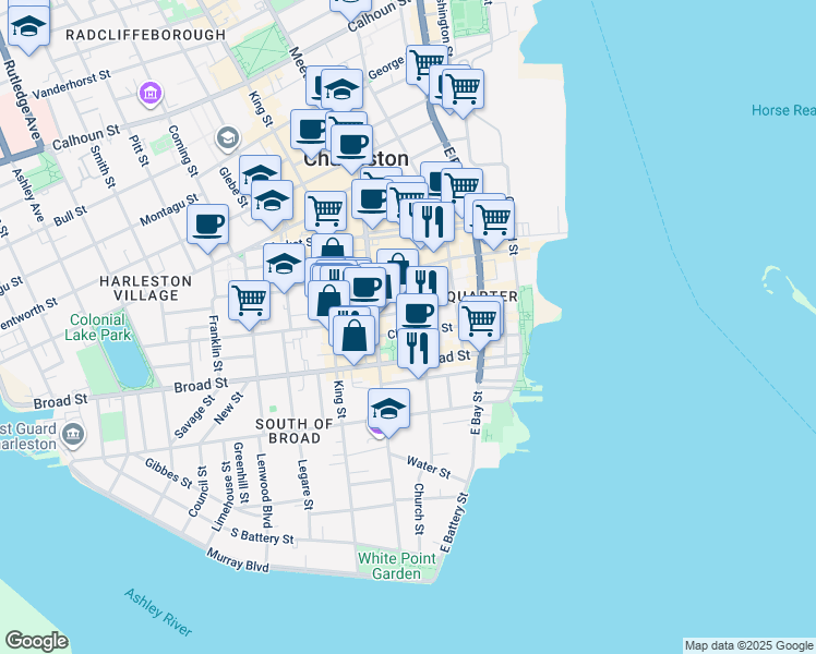 map of restaurants, bars, coffee shops, grocery stores, and more near 57 Queen Street in Charleston