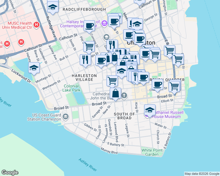 map of restaurants, bars, coffee shops, grocery stores, and more near 87 Logan Street in Charleston