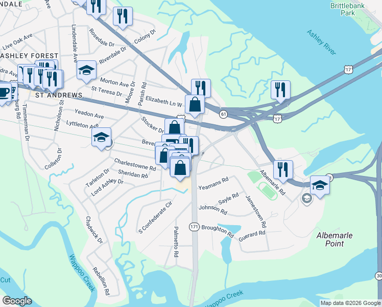 map of restaurants, bars, coffee shops, grocery stores, and more near 7 Wesley Drive in Charleston