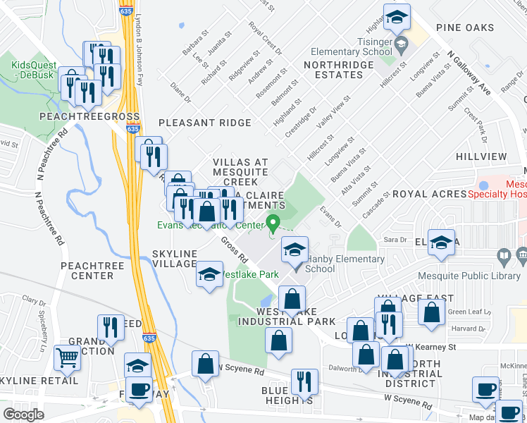 map of restaurants, bars, coffee shops, grocery stores, and more near 1139 Hillcrest Street in Mesquite