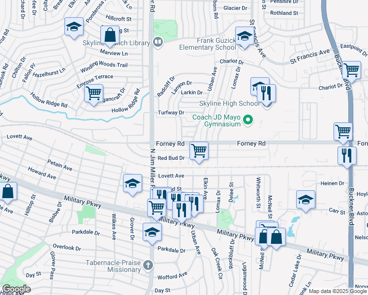 map of restaurants, bars, coffee shops, grocery stores, and more near 7102 Forney Road in Dallas