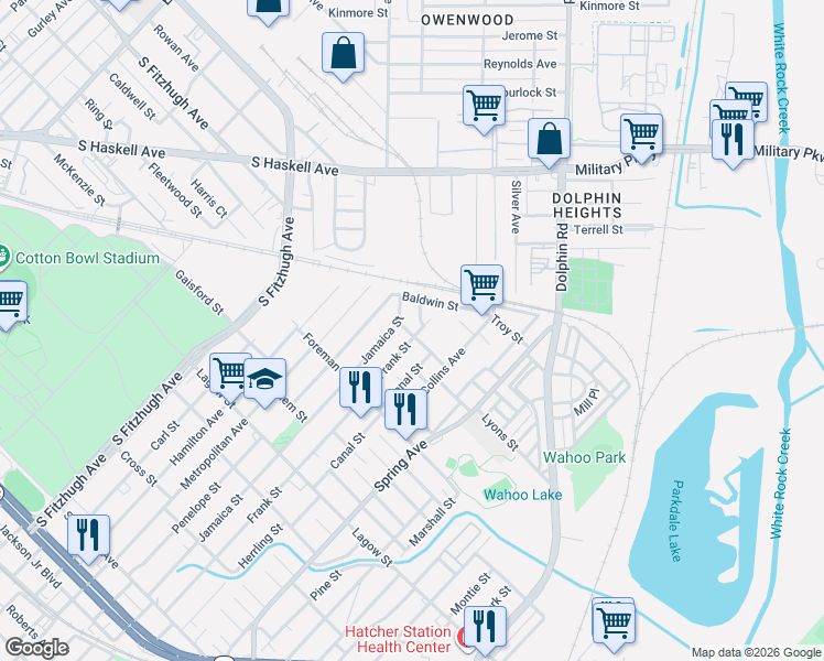 map of restaurants, bars, coffee shops, grocery stores, and more near 4615 Jamaica Street in Dallas