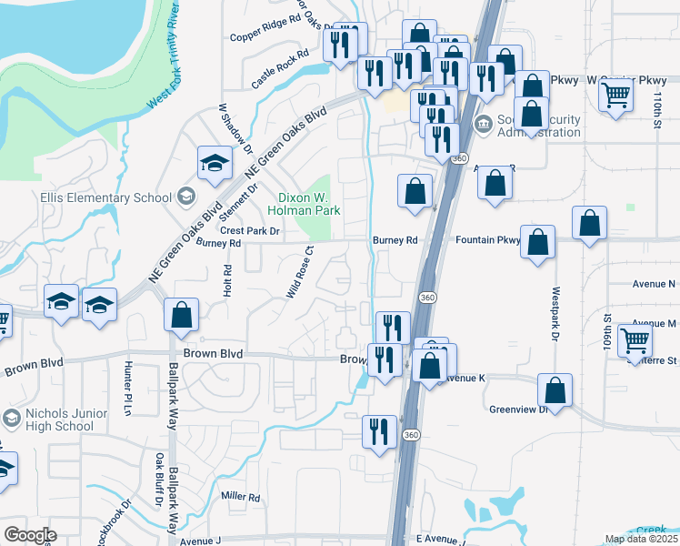 map of restaurants, bars, coffee shops, grocery stores, and more near 2413 Burney Road in Arlington