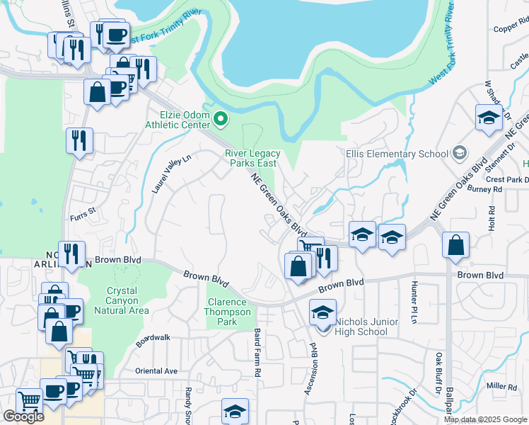 map of restaurants, bars, coffee shops, grocery stores, and more near 1654 Ascension Bluff Drive in Arlington