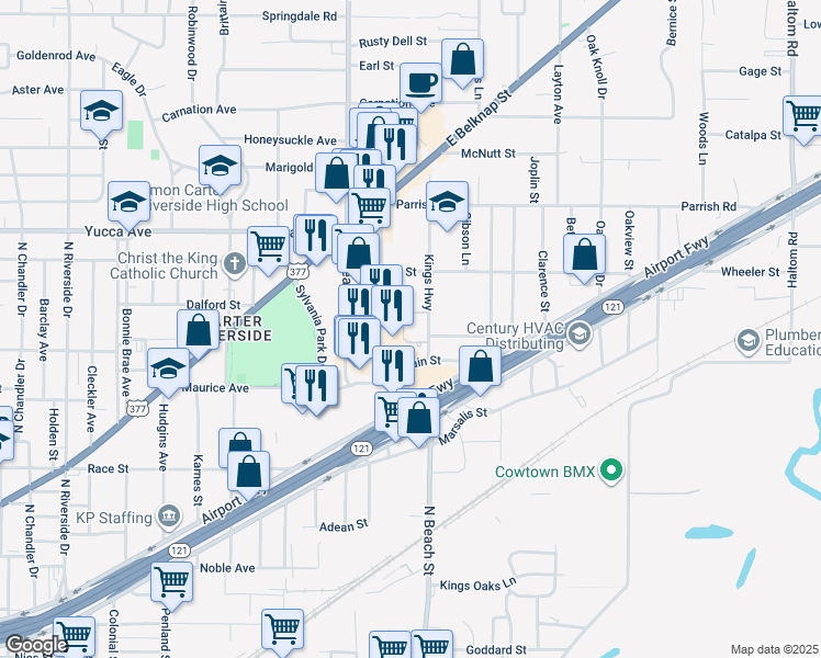 map of restaurants, bars, coffee shops, grocery stores, and more near 1113 Kings Highway in Fort Worth