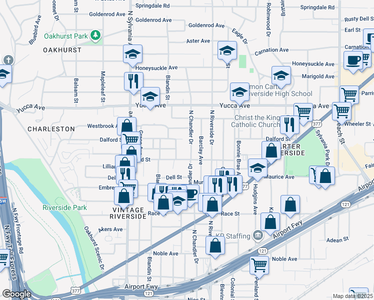 map of restaurants, bars, coffee shops, grocery stores, and more near 1025 North Chandler Drive in Fort Worth