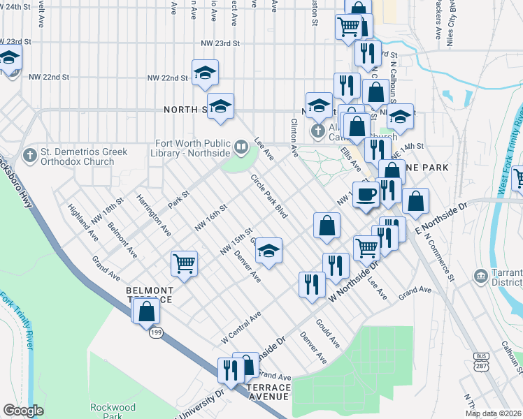 map of restaurants, bars, coffee shops, grocery stores, and more near 1605 Circle Park Boulevard in Fort Worth