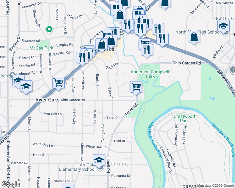 map of restaurants, bars, coffee shops, grocery stores, and more near 4344 Brom Bones Alley in Fort Worth